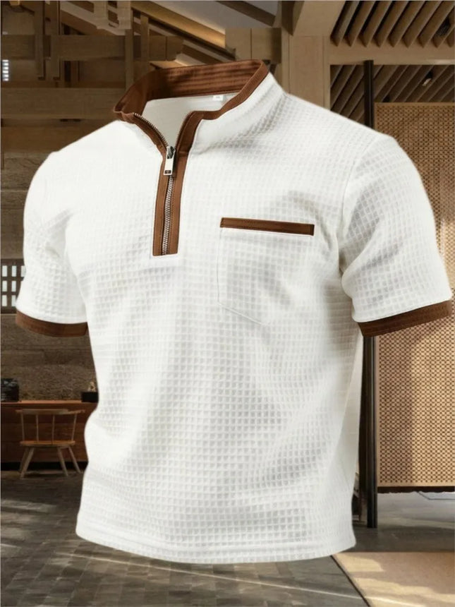 Men's Solid Zipper Social Polo Shirts for Men Summer Henry Collar Short Sleeve Golf Personality Casual Breathable Sports Top