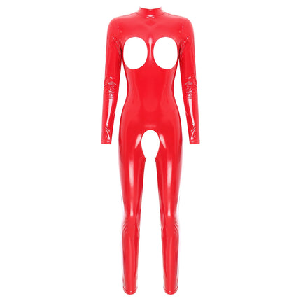 Womens Lingerie Patent Leather Latex Jumpsuit Zipper Crotchless Open Chest Catsuit Costume Wet Look Bare Breast Exposed Bodysuit