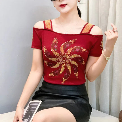 New Summer European Clothes Women's T-Shirts Luxury Butterfly Hot Diamonds Tees Sexy Streetwear Off-Shoulder Tops Shirt
