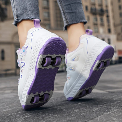 Girls Roller Skates Four-wheel Outdoor Shock-absorbing Casual Sports Shoes Soft Walking Comfortable Flat Wheel Shoes for Kids