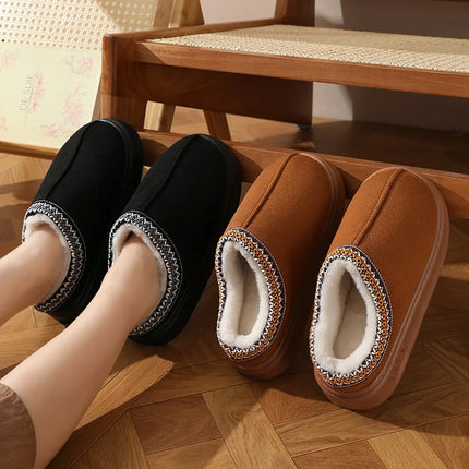 Comfort Thick Bottom Cotton Slippers Women 2025 Winter Warm Thick Plush Non Slip Furry Clogs Shoes Embroidery Suede Snow Boots