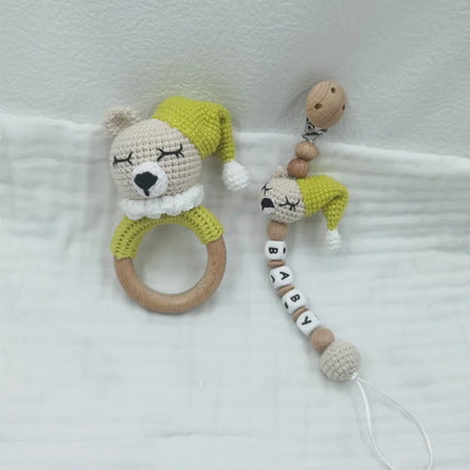 Baby Rattle Crochet Bear Teether Rattle With Bells Pacifier Chain Newborn Montessori Educational Toy Wooden Rings Baby Toys