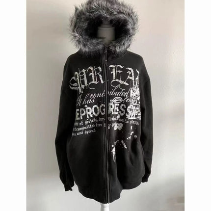 Korean Fashion Sweatshirts Harajuku Gothic Printed Coats Jackets Subculture Vintage Faux Fur Hooded Women Casual Y2k Clothing