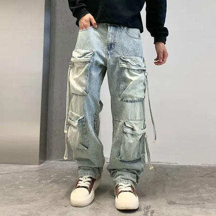 2025 New Fashion Men's Washed Light Blue Multi Pocket Casual Trendy Loose Wide Leg Straight Cargo Denim Trousers Male Jeans Pant