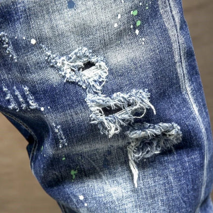 Spring and Autumn New Fashion Trend Ripped Retro Straight Leg Blue Jeans Men's Casual Loose Comfortable Breathable Denim Pants