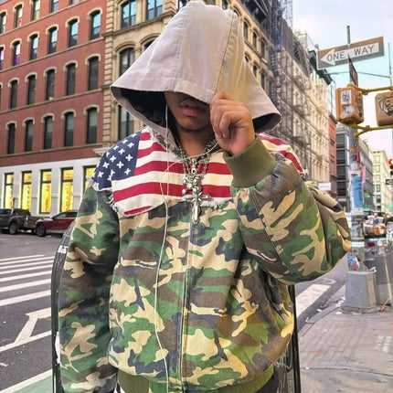 Y2K Retro Distressed Zip Up Coat Men's Streetwear Camouflage USA Flag Patchwork Hooded Jacket Fashion Hip Hop Unisex Sweatshirt