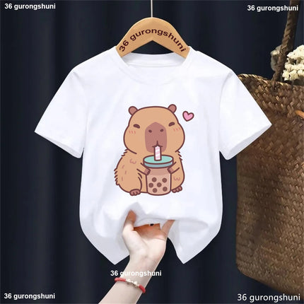 Funny T-Shirt Capybara With Turtle Loves Bubble Milk Tea Printed T-Shirt Girls/Boys Kawaii Kids Clothes Harajuku Shirt Tops