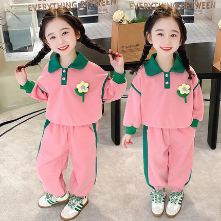 Spring Set Children's Sportswear Suit Girls Flower Top Pants 2 Piece Autumn Lapel Long Sleeve Sweatshirt Outfit Kids Clothing