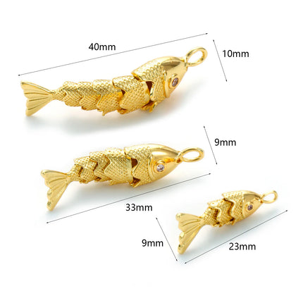1 Piece Brass Ocean Jewelry Charms 18K Real Gold Plated Fish Animal Movable Clear Cubic Zirconia Pendant For DIY Necklace Making