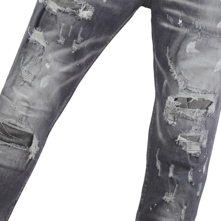 6058 Four Seasons New Men's Wash Grinding Hole Patch Paint Splash Ink Micro-bullet Leg Grey Jeans for Men