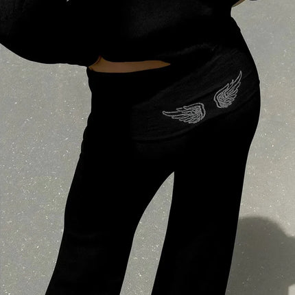 2026 Casual Lady Sweatshirt Set Sequins Angel's Wings Hoodies Women Y2k Chic Loose Long Sleeve Pullovers Top Slim Yoga Pant Set