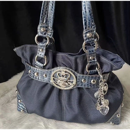 Luxury Women Rivet Handbag,Y2k Girls Metal Studded Underarm Shoulder Bag,Niche Belt Buckle Commuter Chic East-West Tote Bag