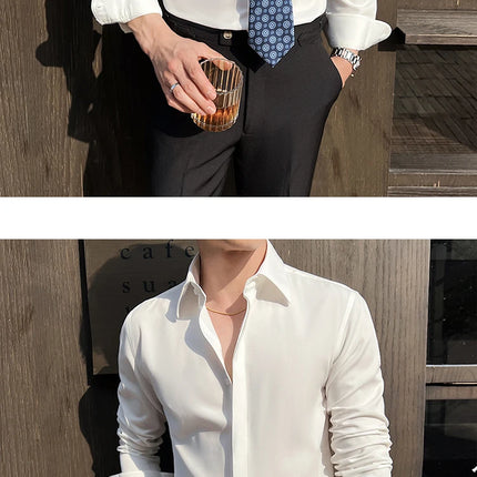 Men's White Long-Sleeve Dress Shirt - Slim Comfortable Fabric. Ideal for Formal Events & Everyday Wear. Classic & Modern Design