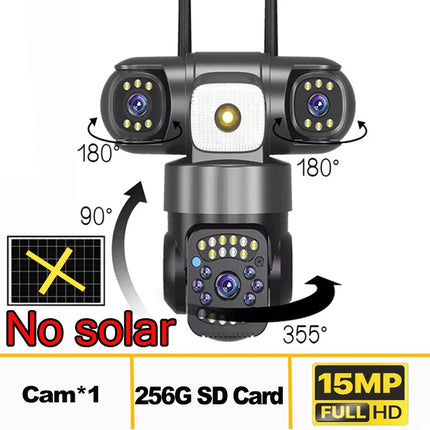 15MP IP Wifi Camera Wireless Solar Camera PTZ 3 Lens Outdoor Waterproof 10X Zoom Night Vision PIR Human Detect Security Camera