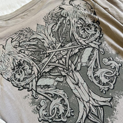 90s Vintage Cross Skull Print Tee Mall Goth Graphic Long Sleeve Patchwork T-Shirt Harajuku Retro Y2K Crop Top Women Streetwear