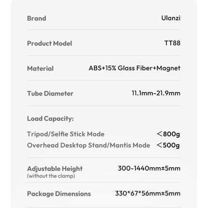 Ulanzi TT88 1.44M Overhead Selfie Stick Phone Tripod with Magnetic Clamp Wireless Remote Extension Tripod for LiveStreaming Vlog