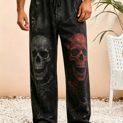Men's skull print casual pants, loose and breathable drawstring style, for trendy and cool vacation items in multiple scenes