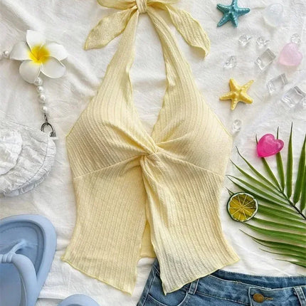 Yellow V-neck Halter Neck Top for Women Summer Y2K Clothes Sexy Sleeveless Backless Crop Top Streetwear
