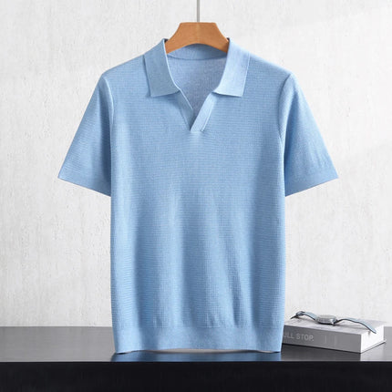 Summer New Men's 100% Lyocell Polo Neck Solid T-Shirt Knitted Pullover Polo Shirts Business Casual Short Sleeve Thin Tops Tees