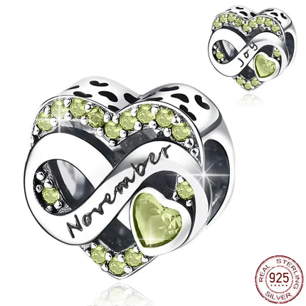 925 Sterling Silver January-December Birthday Stone Love Zircon Pendant Bead Fit Charms Necklace Bracelet Women Jewelry DIY Gift