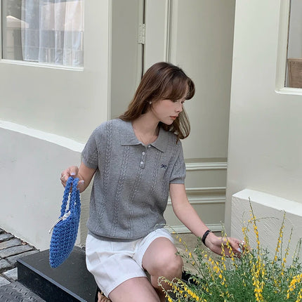 Summer 100% cotton women's T-shirt casual knit pullover short sleeved loose POLO collar Tees Pull luxury brand embroidery Tops