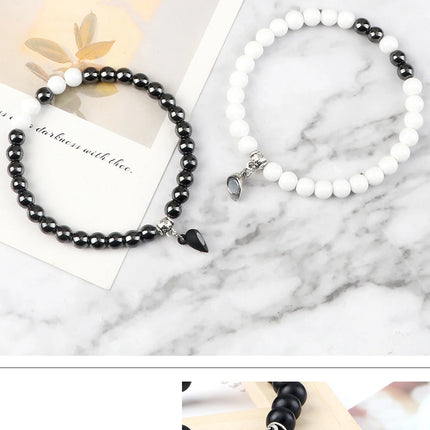 2Pcs/Set Sliver Black Color Magnet Pendant Bracelets 6MM 8MM White Porcelain Black Line Beads Couple Bracelet Jewelry Gift New