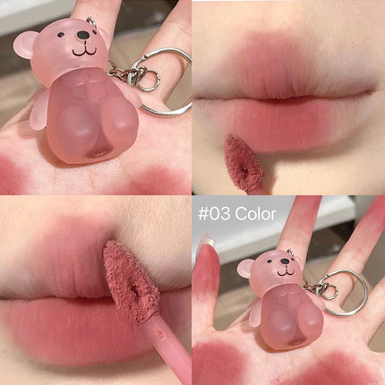 Cute Bear Velvet Lip Mud Keychain Matte Nude Red Lip Gloss Autumn Winter Non-stick Cup Lipstick Waterproof Lasting Lips Makeup