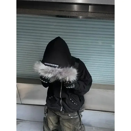 2026 New Unisex Y2K Street Hip Hop Black Hoodie Detachable Fur Collar Stitching Windproof Warm Couple Streetwear Coat