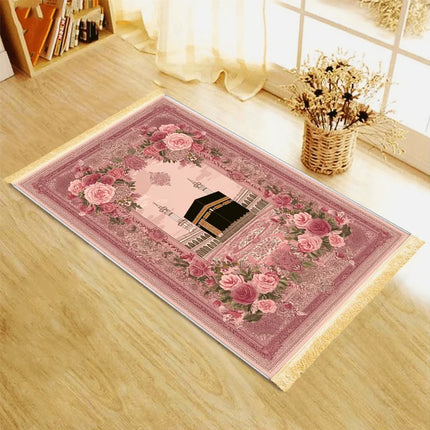 VIKAMA Muslim Prayer Rug with Pink Heart Print, Islamic Design Foldable Travel Mat, Washable And Portable For Salah, Eid, Hajj
