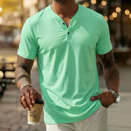 Men's polo shirt, solid color, V-neck, short-sleeved Henley T-shirt, casual button-down placket, everyday commuting base layer.