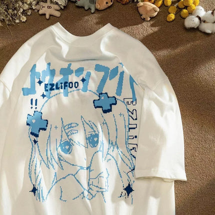 Women's Japanese Cartoon Anime Printed Cotton Short-sleeved T-shirt Harajuku Loose Half-sleeved Top Women's Summer Clothes