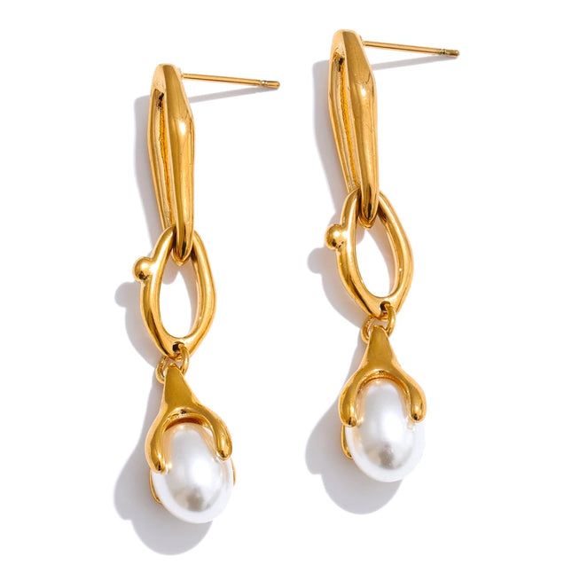 Yhpup Popular Stainless Steel Simulated Pearls Drop Long Hanging Earrings Water Resistant Elegant Chic Charm Daily Jewelry
