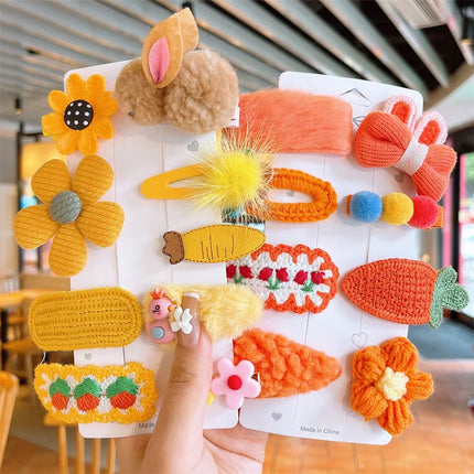 9Pcs/Set Kids Plush Hair Clips Cute Rabbit Children Side Clip Cartoon Baby Barrettes Winter Headdress Bow Flower Girls Hairpins