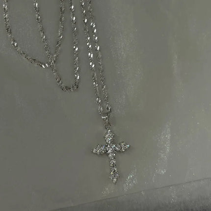 Silver Color Zircon Cross Pendant Necklace for Women Shiny Rhinestone Collar Necklaces 2025 Trend Christmas Jewelry