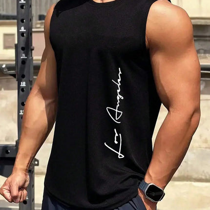 Men's Summer Leisure Sports Fitness Loose Los Angeles Letter Printed Comfortable Breathable Round Neck Sleeveless Tank Top