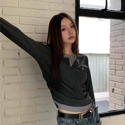 2024 Autumn Winter Long Sleeves Korean Fashion Style O-neck T-shirt for Women Fake Two-Piece T-shirts Ladies Top Tee Clothes