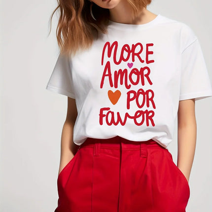 Funny Print Short Sleeve Regular Length Collection Casual Wear Women's Casual Crew Neck T-Shirt Harajuku with Heart Pattern