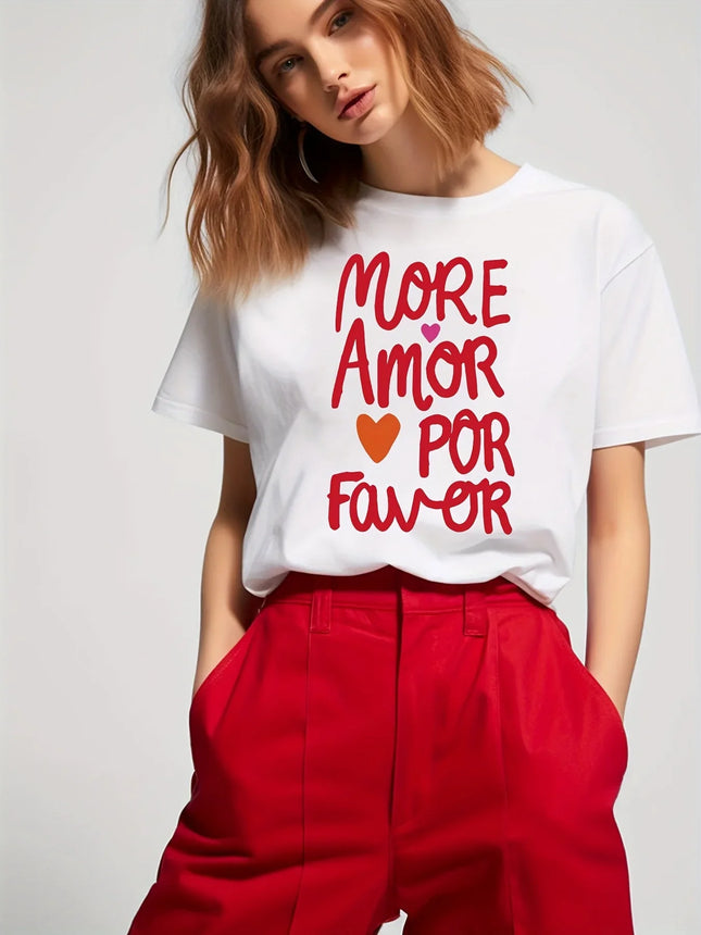 Funny Print Short Sleeve Regular Length Collection Casual Wear Women's Casual Crew Neck T-Shirt Harajuku with Heart Pattern