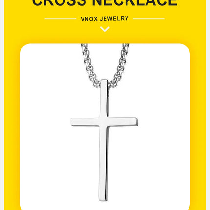 Vnox Cross Necklace for Men Women, Silver Color Plain Cross Pendant Collar with Stainless Steel Box Chain