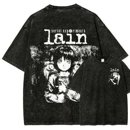 Classic Retro Anime Serial Experiments Lain Graphic Print T-shirt Loose Casual Oversize Vintage Washed Cotton Tee Streetwear Top
