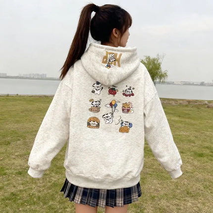 Preppy Style Cute Sweet Hoodie Women's Autumn Winter Stylish Cartoon Dogs Embroidered Hooded Sweatshirt Kawaii Pullovers