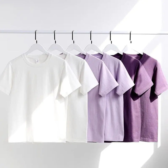 Men's and Women's T-shirts 300G Heavy Gray-purple Round Neck Short-sleeved T-shirts Women's Basic Pure Cotton Simple