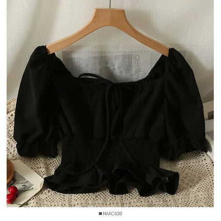 French Style Bubble Sleeve Shirt Women's Short Sweet Sensation Waist Cinched One Shoulder Top Polyester Blend Regular Sleeve