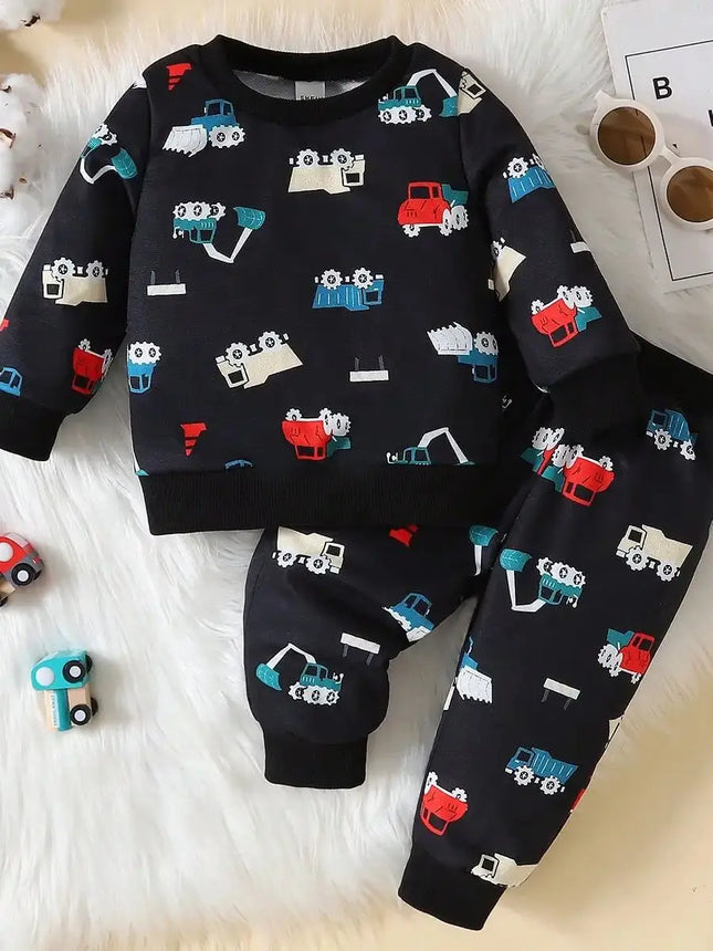Baby autumn cartoon style two-piece set with engineering car print and velvet hoodie pants for casual occasions