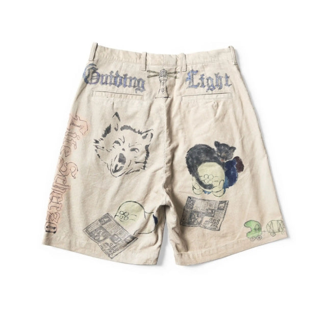 Men Vintage Cartoon Print Corduroy Shorts Japanese Retro Washed Pleated Loose Casual Streetwear Mid Length Pants