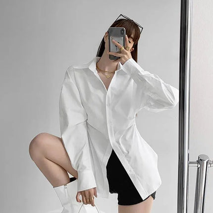 JOEVILU White Shirt Women’s Waist-defining Blouse Slim Fit Long Sleeve Tops Figure-hugging Office Shirts Korean Style Clothes