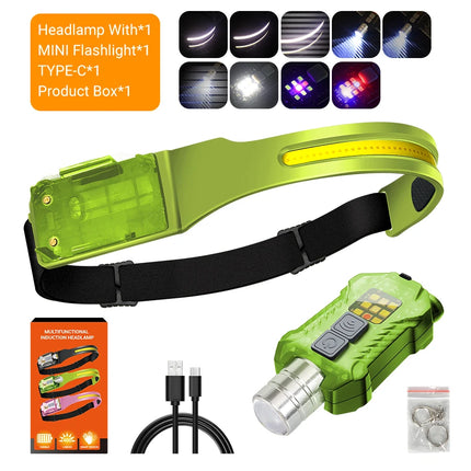 Portable XPE+COB LED Handheld Flashlight Sensor Headlamp Rechargeable Headlight Camping Search Light for Fishing 9Lighting Modes