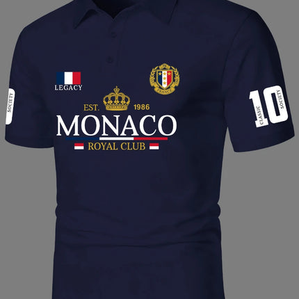 Men's Short Sleeved Polo Shirt, Street Trendy MONACO ROYAL CLUB Logo, Crown Badge Printed Short Sleeved Polo Shirt