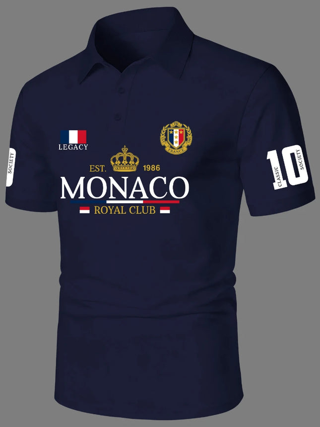Men's Short Sleeved Polo Shirt, Street Trendy MONACO ROYAL CLUB Logo, Crown Badge Printed Short Sleeved Polo Shirt