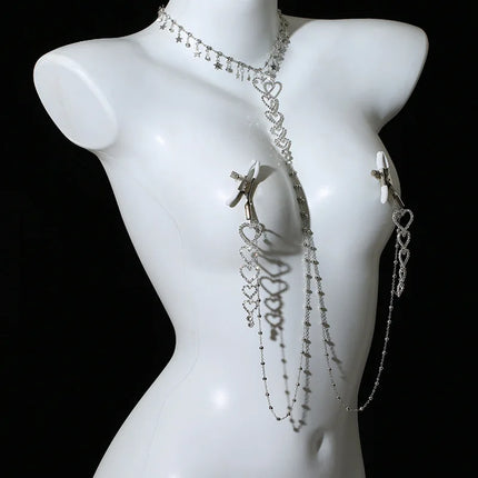 Metal Nipple Clamps with Heart-Shaped Pendant Body Chain Fashionable Women's SM Teasing Tool Breast Massage Adult Product Sex18+